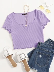 SHEIN EZwear Plus Notch Neck Lettuce Edge Tee - Lilac Purple - View 1