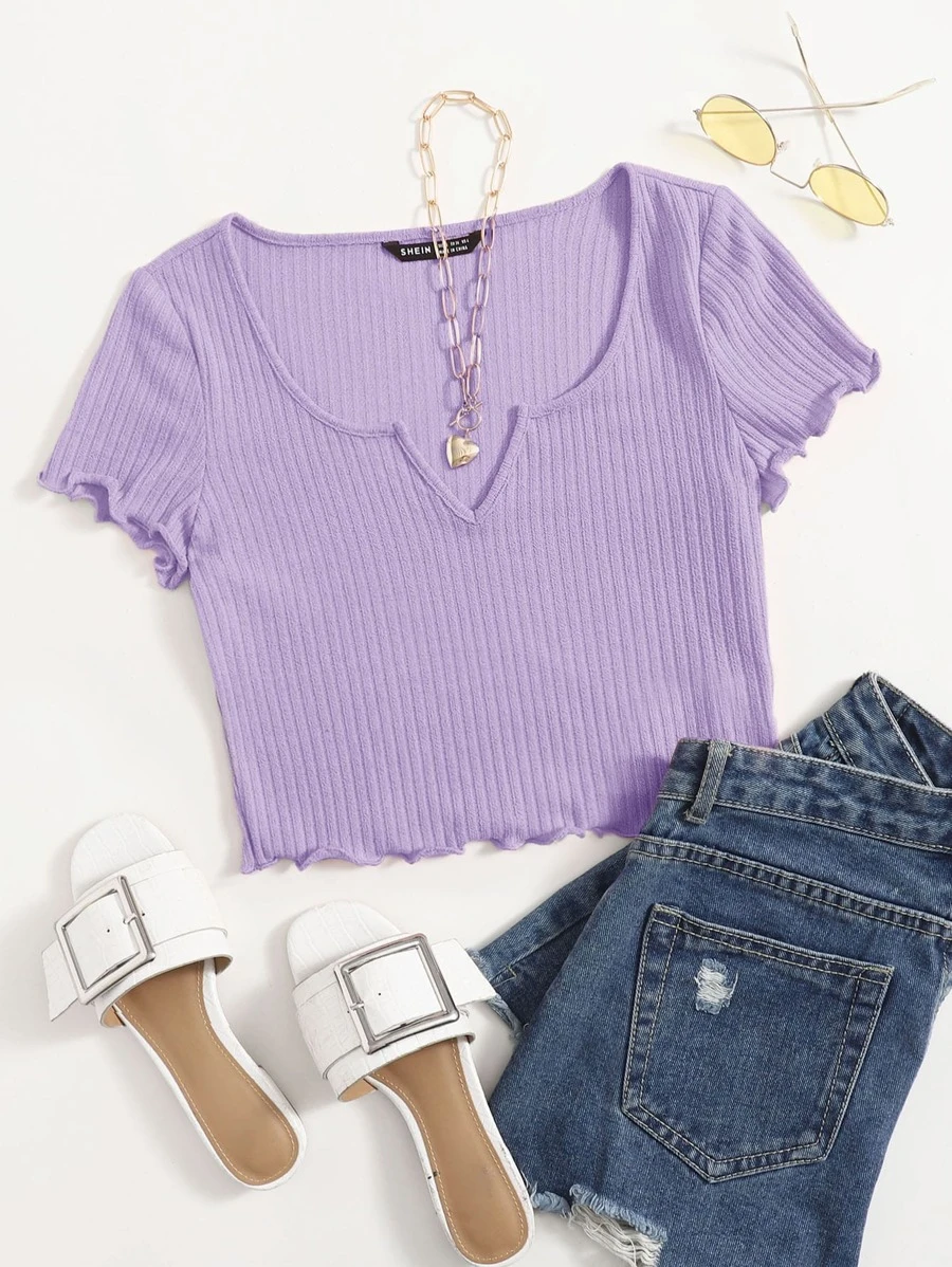 SHEIN EZwear Plus Notch Neck Lettuce Edge Tee - Lilac Purple - View 1