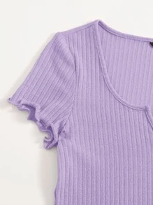 SHEIN EZwear Plus Notch Neck Lettuce Edge Tee - Lilac Purple - View 3