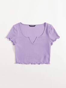 SHEIN EZwear Plus Notch Neck Lettuce Edge Tee - Lilac Purple - View 4