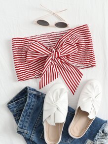 SHEIN Plus Tie Front Shirred Striped Top - Multicolor - View 1