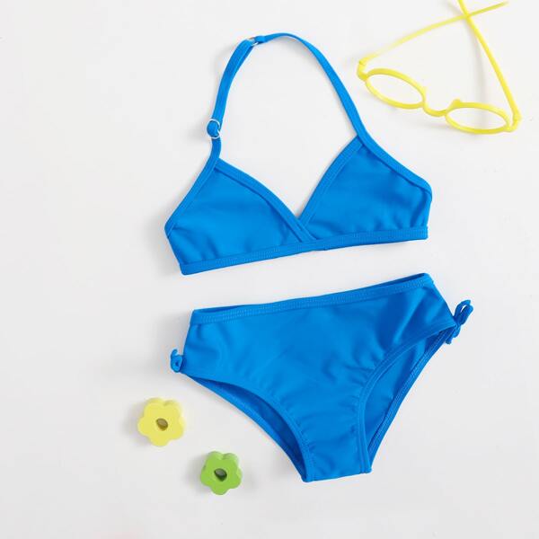

Toddler Girls Plain Halter Bikini Swimsuit, Blue