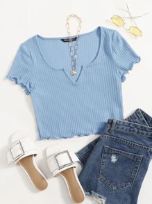 SHEIN EZwear Plus Notch Neck Lettuce Edge Tee - Baby Blue - View 1