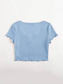 SHEIN EZwear Plus Notch Neck Lettuce Edge Tee - Baby Blue - View 2