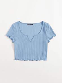 SHEIN EZwear Plus Notch Neck Lettuce Edge Tee - Baby Blue - View 3