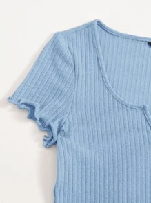 SHEIN EZwear Plus Notch Neck Lettuce Edge Tee - Baby Blue - View 4