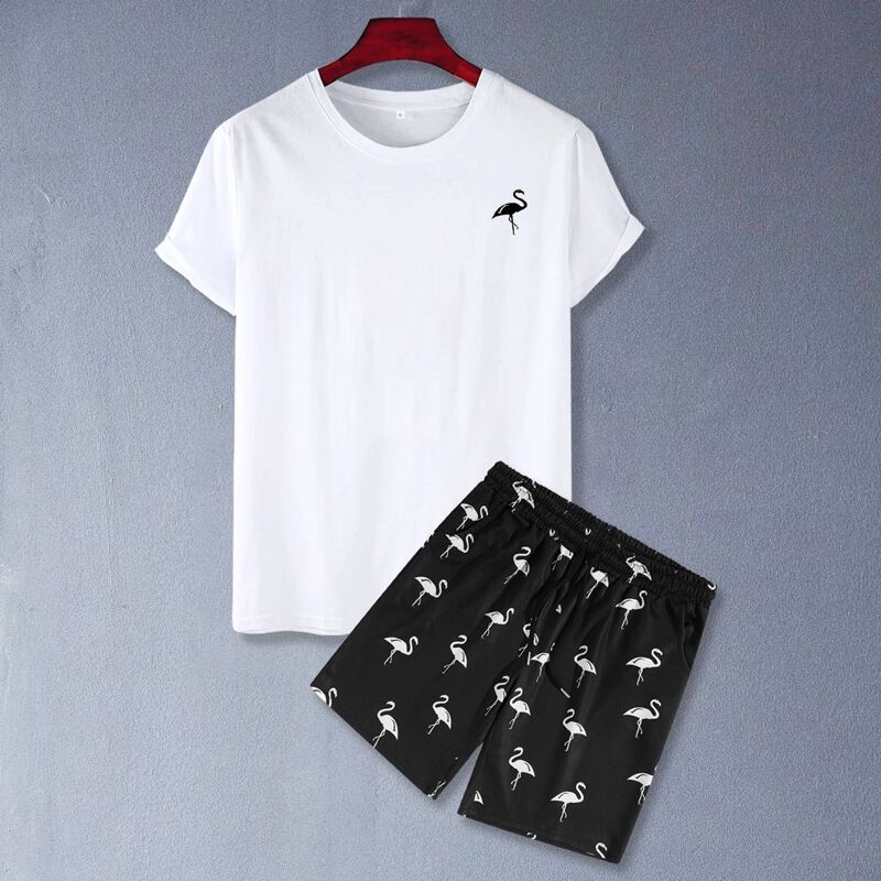 

Guys Flamingo Print Tee With Shorts, Black and white