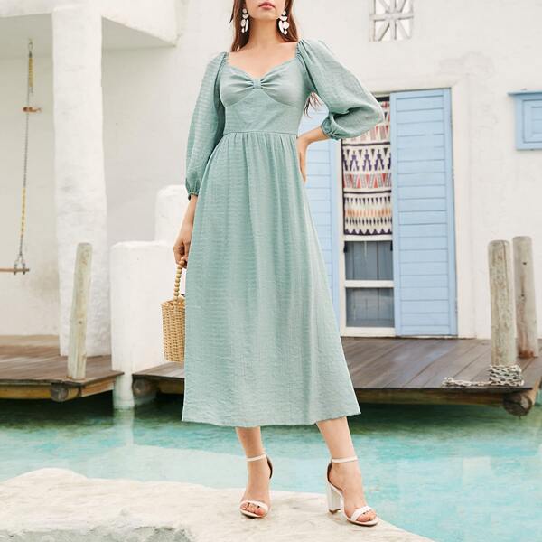 

Sweetheart Neck Puff Sleeve Solid A-line Dress, Mint green