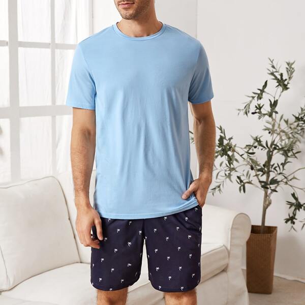

Men Round Neck Tee & All Over Print Shorts PJ Set, Blue