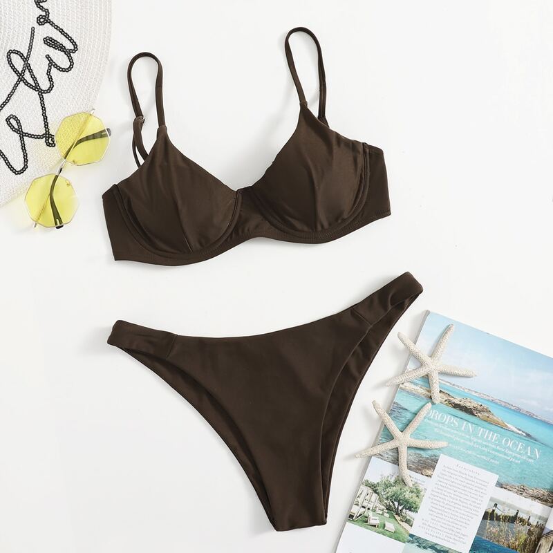 Solid Push Up Bikini Swimsuit, Chocolate brown