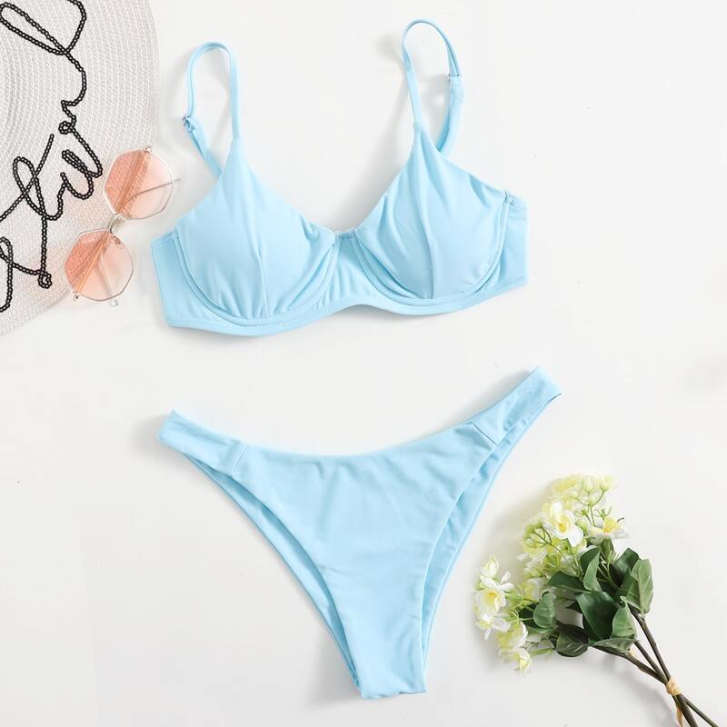 

Solid Push Up Bikini Swimsuit, Baby blue