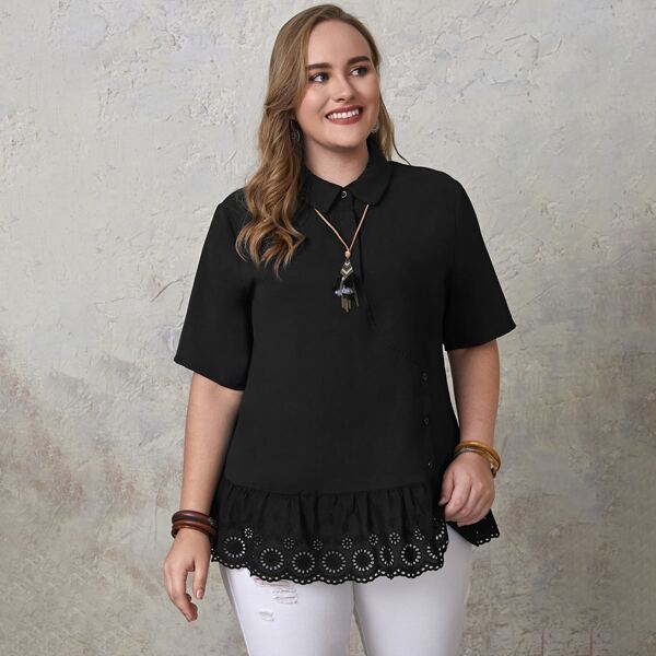 

Plus Contrast Schiffy Ruffle Hem Blouse, Black