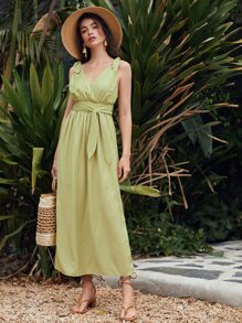 SHEIN 雙V領結飾肩開衩腰帶洋裝 - 青檸色 - 查看 1