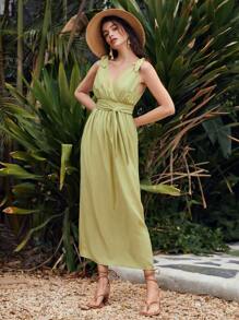 SHEIN 雙V領結飾肩開衩腰帶洋裝 - 青檸色 - 查看 5