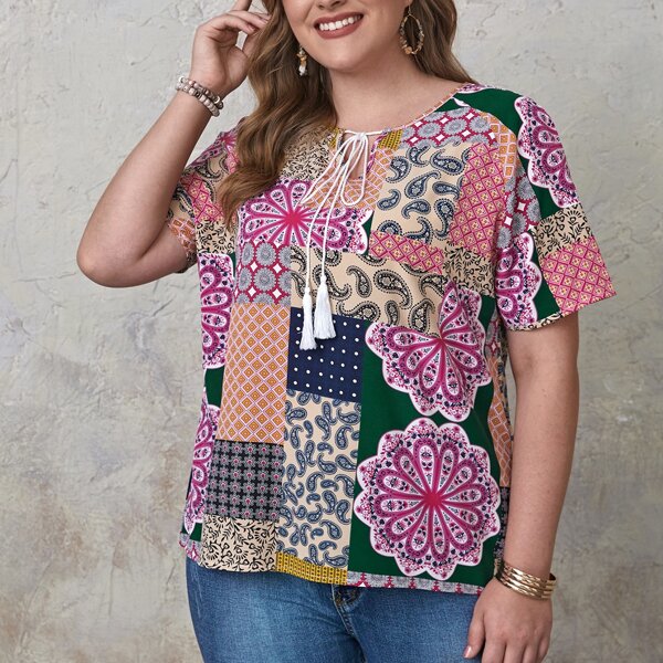 

Plus Tie Neck Patchwork Print Blouse, Multicolor