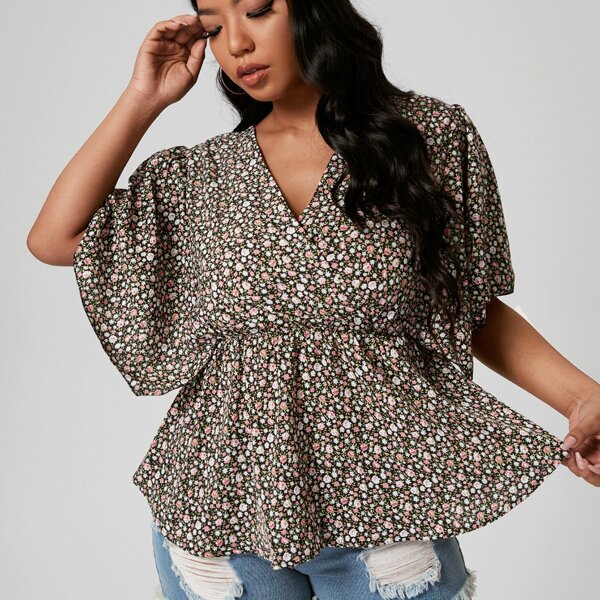 

Plus Surplice Front Ditsy Floral Peplum Blouse, Multicolor