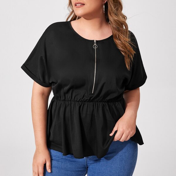 

Plus O-ring Half Zip Peplum Blouse, Black
