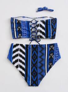 Summer Mixed Bikini Set Lace-Up Back Bandeau Bra & High Waisted Bottom 2 Pieces Bathing Suit - Blue - View 2