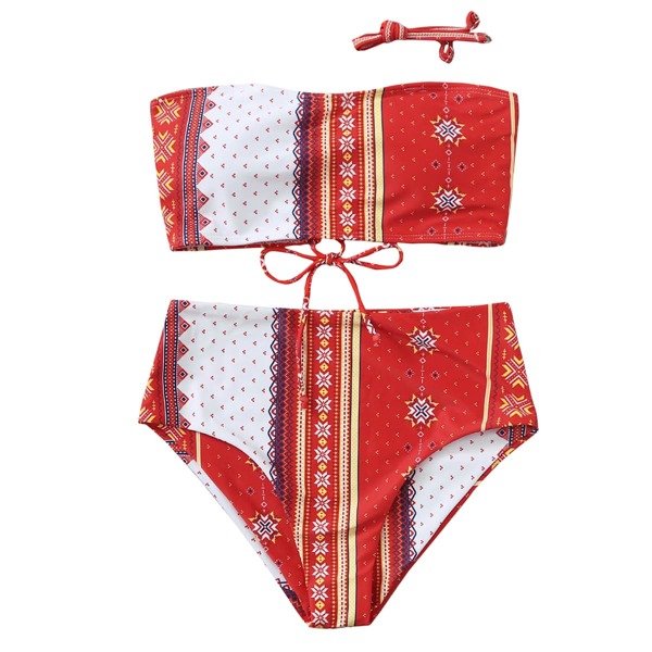 

Lace-up Back Bandeau Bikini Swimsuit, Red and white