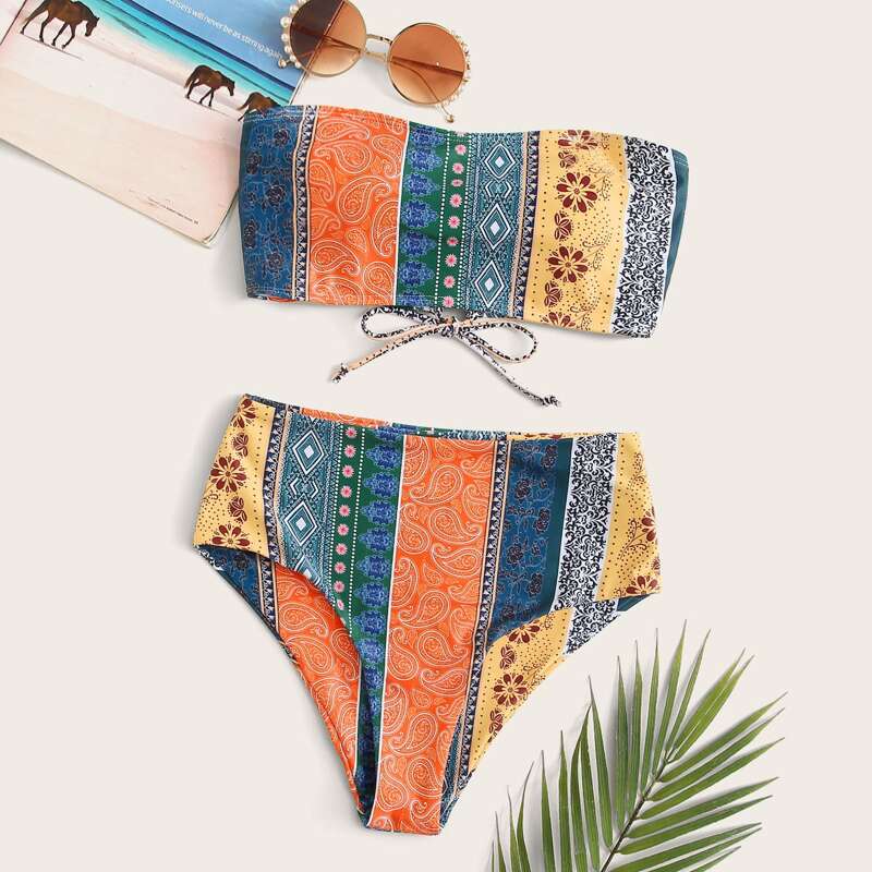 

Lace-up Back Bandeau Bikini Swimsuit, Multicolor