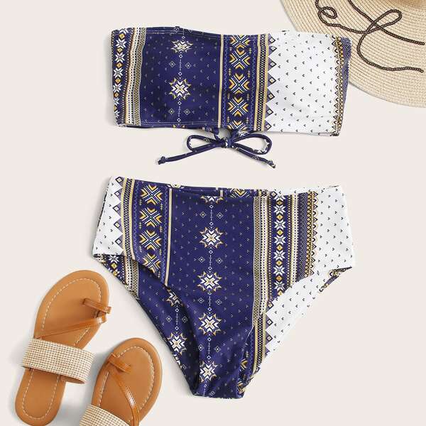 

Lace-up Back Bandeau Bikini Swimsuit, Multicolor