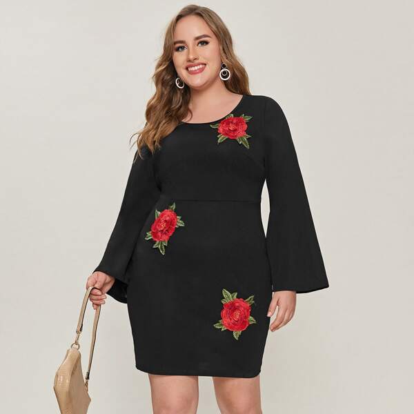 

Plus Floral Embroidered Bodycon Dress, Black