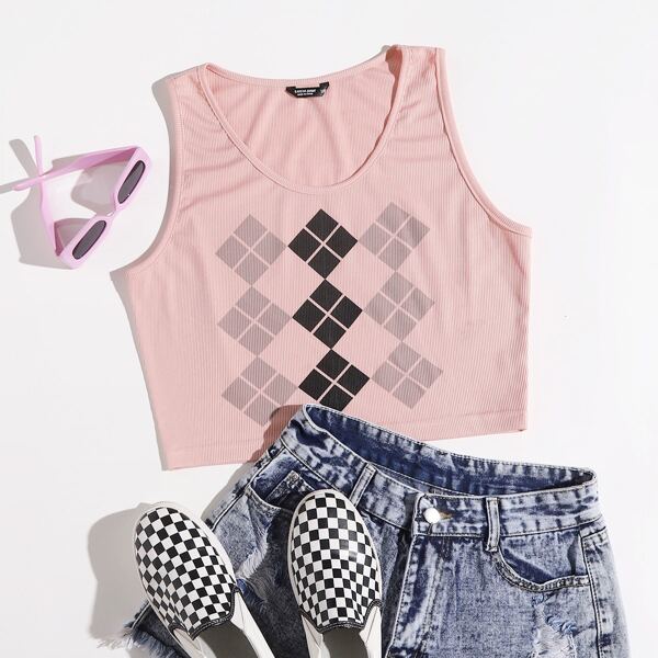 

Plus Argyle Print Crop Tank Top, Baby pink