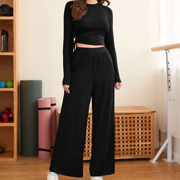 

Knotted Side Crop Tee and Wide Leg Pants Set, Black