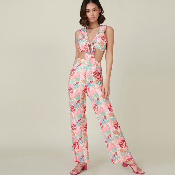 

Leaf Print Self-Tie Crop Top & High-Rise Pants Set, Multicolor