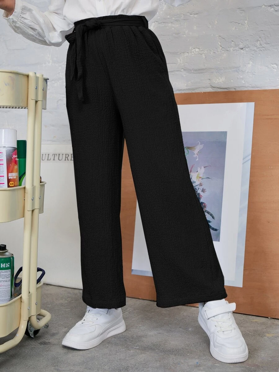 SHEIN Girls Belted Wide Leg Trousers - Black - View 1