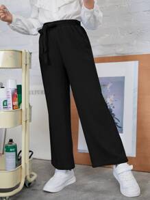 SHEIN Girls Belted Wide Leg Trousers - Black - View 4