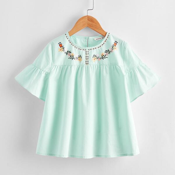 

Girls Floral Print Flounce Sleeve Top, Mint green