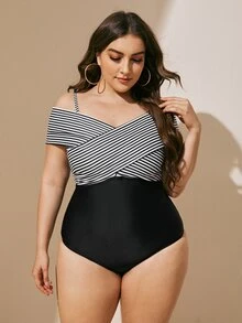 Plus Striped Bardot One Piece Swimsuit - Black and White - View 3