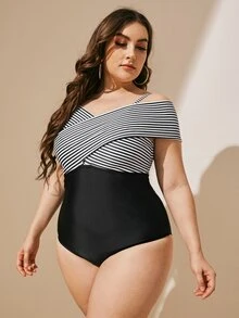 Plus Striped Bardot One Piece Swimsuit - Black and White - View 4