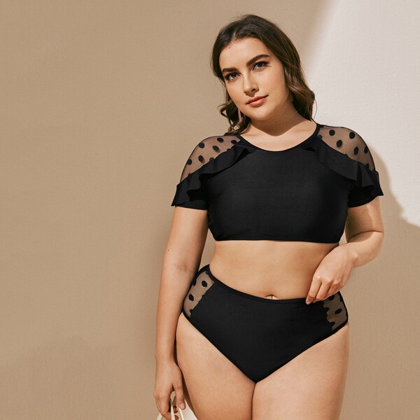 

Plus Polka Dot Ruffle Trim Bikini Swimsuit, Black