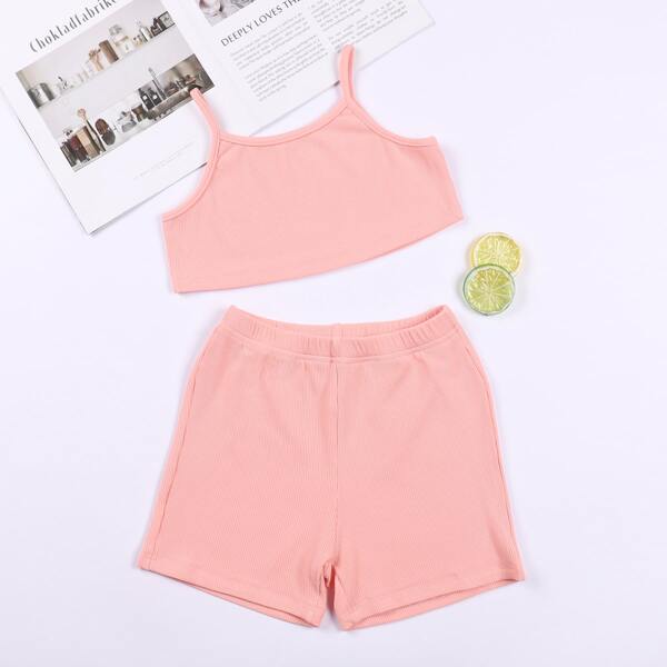 

Girls Solid Crop Cami Top & Shorts, Coral pink