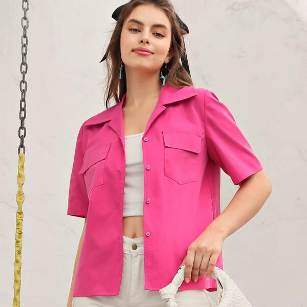 

Single Breasted Flap Pocket Front Coat, Hot pink