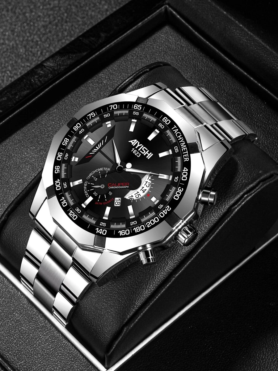 AIYISHI Reloj de cuarzo de hombres de puntero redondo - Plateado - Ver 1