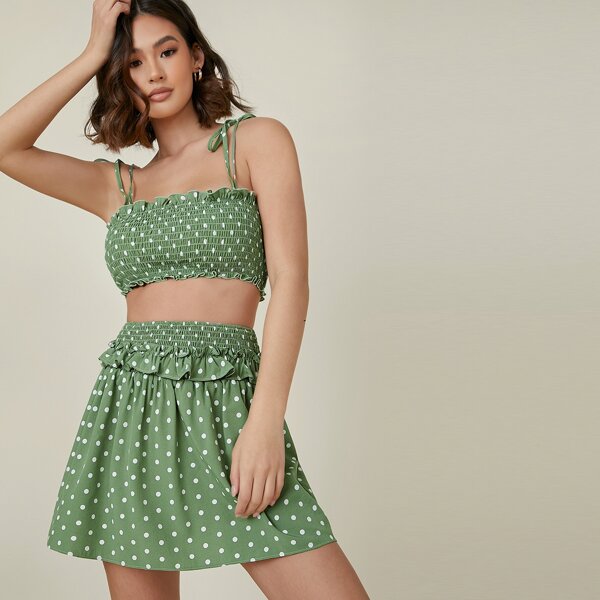 

Polka Dot Smocked Crop Top & Ruffled Mini Skirt Set, Green