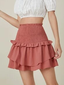 SHEIN Smocked High-Rise Tiered Ruffled Mini Skirt - Rusty Rose - View 1