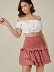 SHEIN Smocked High-Rise Tiered Ruffled Mini Skirt - Rusty Rose - View 3