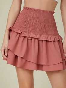 SHEIN Smocked High-Rise Tiered Ruffled Mini Skirt - Rusty Rose - View 4