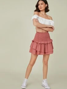 SHEIN Smocked High-Rise Tiered Ruffled Mini Skirt - Rusty Rose - View 5