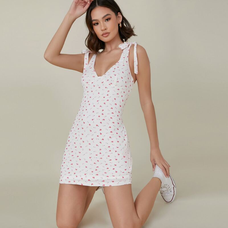 

Ditsy Floral Print Self-Tie Cami Bodycon Dress, White
