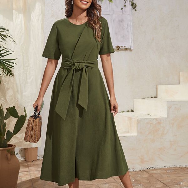 

Plus Solid Belted Dress, Army green