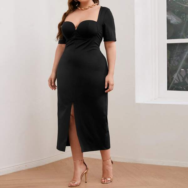 

Plus Slit Hem Solid Dress, Black