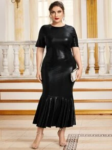 Modelyn 大碼鱷魚紋壓花魚尾洋裝 - 黑色 - 查看 1