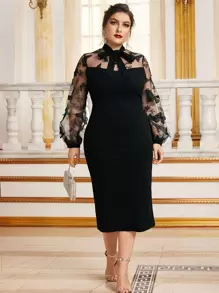 Modelyn Plus Butterfly Appliques Mesh Tie Neck Split Hem Dress - Black - View 1