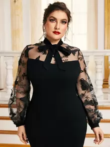 Modelyn Plus Butterfly Appliques Mesh Tie Neck Split Hem Dress - Black - View 4