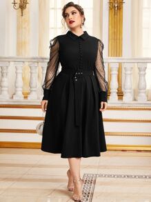Modelyn Plus Dobby Mesh Sleeve Buckle Belted Dress - Black - View 1